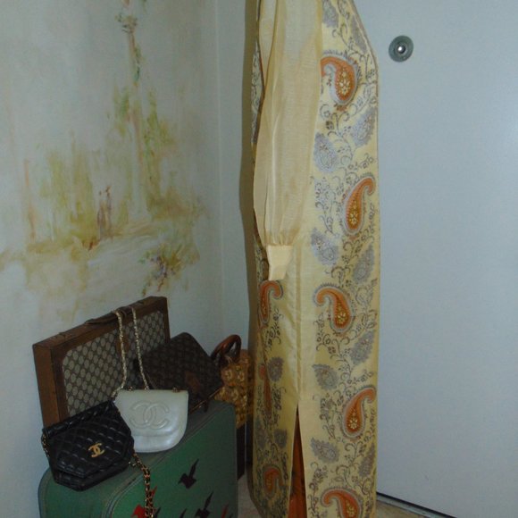 Vintage 60s 70s Alfred Shaheen Kaftan Long Sleeve Yellow Hawaiian Maxi Dress 10 - Picture 6 of 15